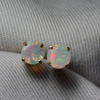 Opal Earrings, 18K Yellow Gold Faceted Opal Studs 0.87 Carat, Certified Opal, Real Genuine Natural Opal Jewelry, 6mm Round Cut, Great Fire