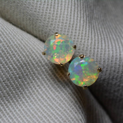 Opal Earrings, 18K Yellow Gold Faceted Opal Studs 0.94 Carat, Certified Opal, Real Genuine Natural Opal Jewelry, 6mm Round Cut, Great Fire