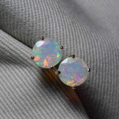 Opal Earrings, 18K Yellow Gold Faceted Opal Studs 0.94 Carat, Certified Opal, Real Genuine Natural Opal Jewelry, 6mm Round Cut, Great Fire