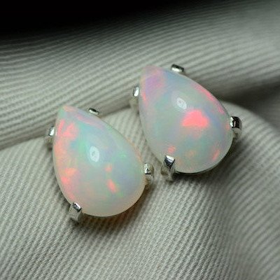 Opal Earrings, Big 8.68 Carat Solid Opal Cabochon Stud Earrings Appraised at 2,600.00, Sterling Silver, October Birthstone