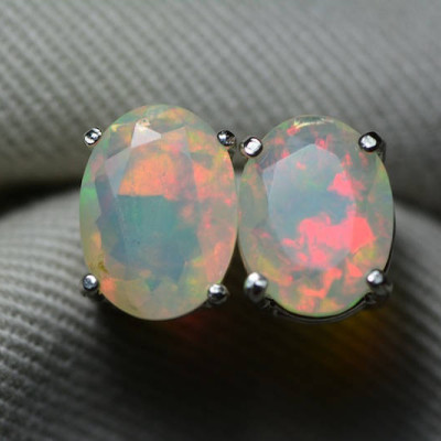 Opal Earrings, Certified 2.63 Carat Solid Faceted Opal Stud Earrings Appraised at 1,550.00, Sterling Silver, Oval Cut, October Birthstone