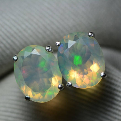 Opal Earrings, 2.91 Carat Solid Faceted Opal Stud Earrings Appraised at 1,750.00, Sterling Silver, Oval Cut, October Birthstone