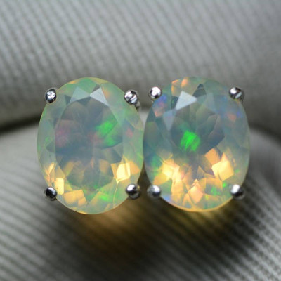 Opal Earrings, 2.91 Carat Solid Faceted Opal Stud Earrings Appraised at 1,750.00, Sterling Silver, Oval Cut, October Birthstone