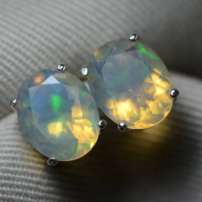Opal Earrings, Certified 3.36 Carat Solid Faceted Opal Stud Earrings Appraised at 2,000.00, Sterling Silver, Oval Cut, October Birthstone