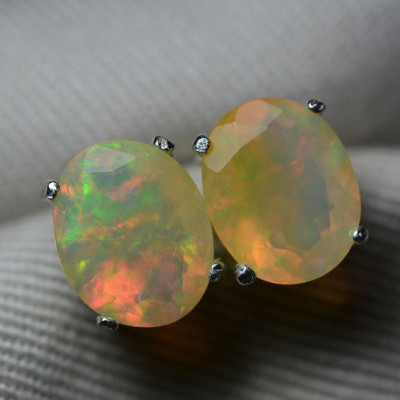 Opal Earrings, Certified 3.49 Carat Solid Faceted Opal Stud Earrings Appraised at 2,100.00, Sterling Silver, Oval Cut, October Birthstone
