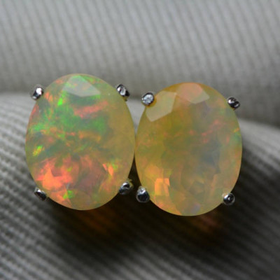 Opal Earrings, Certified 3.49 Carat Solid Faceted Opal Stud Earrings Appraised at 2,100.00, Sterling Silver, Oval Cut, October Birthstone