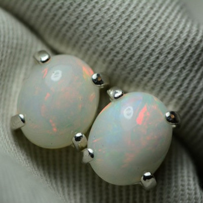 Opal Earrings, Orange Green 3.83 Carat Solid Opal Cabochon Stud Earrings Appraised at 1,100.00, Sterling Silver Jewelry, October Birthstone