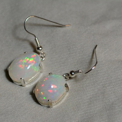 Opal Hook Earrings, Lively 10.98 Carat Solid Opal Cabochon Dangle Earrings Appraised at 2,850.00, Sterling Silver, Natural Opal Jewelry