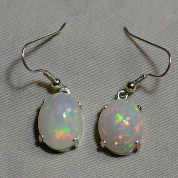 Opal Hook Earrings, Lively 10.98 Carat Solid Opal Cabochon Dangle Earrings Appraised at 2,850.00, Sterling Silver, Natural Opal Jewelry