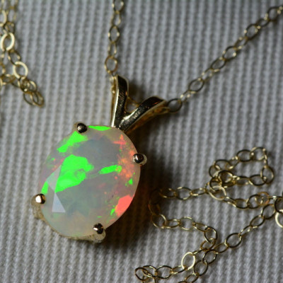 Opal Necklace, 18K White Gold Faceted Opal Pendant 1.50 Carat, Certified Opal, Real Opal Jewelry, 18" Gold Chain, Certified At 1,300.00