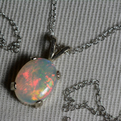 Opal Necklace, 18K White Gold Opal Pendant 1.14 Carat, Certified Opal, Real Opal Jewelry, 18" Gold Chain, Certified At 900.00