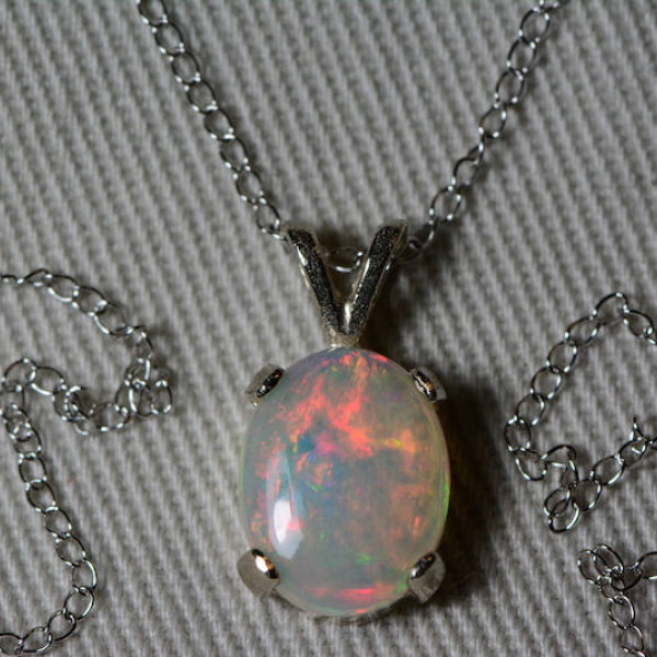 Opal Necklace, 18K White Gold Opal Pendant 1.14 Carat, Certified Opal, Real Opal Jewelry, 18" Gold Chain, Certified At 900.00