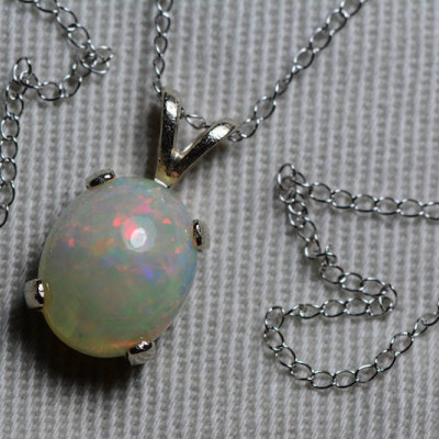 Opal Necklace, 18K White Gold Opal Pendant 1.73 Carat, Certified Opal, Real Opal Jewelry, 18" Gold Chain, Certified At 1,200.00