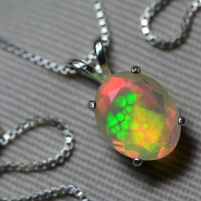 Opal Necklace, Fabulous 1.49 Carat Faceted Solid Opal Pendant & Necklace Appraised at 900.00, October Birthstone, Genuine Opal Jewelry