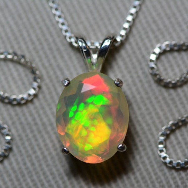 Opal Necklace, Fabulous 1.49 Carat Faceted Solid Opal Pendant & Necklace Appraised at 900.00, October Birthstone, Genuine Opal Jewelry