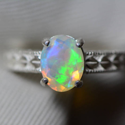 Opal Ring, 1.05 Carat Solid Faceted Opal Ring Appraised at 600.00, Sterling Silver, Genuine Opal Jewelry, October Birthstone, Size 7