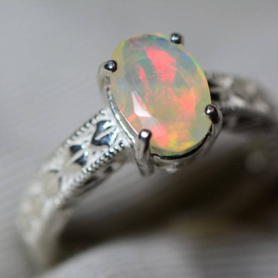 Opal Ring, 1.17 Carat Solid Faceted Opal Ring Appraised at 700.00, Sterling Silver, Genuine Opal Jewelry
