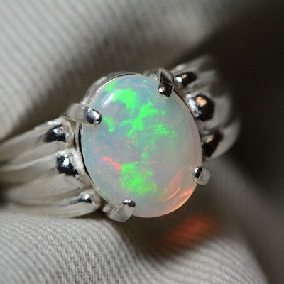 Opal Ring, 1.49 Carat Solid Opal Cabochon Solitaire Ring Appraised at 450.00, Real Opal Jewellery, Sterling Silver, October Birthstone