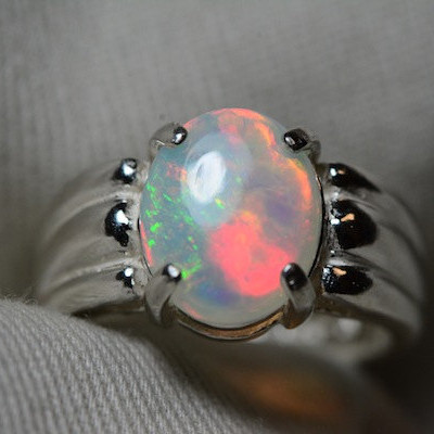 Opal Ring, 1.49 Carat Solid Opal Cabochon Solitaire Ring Appraised at 450.00, Real Opal Jewellery, Sterling Silver, October Birthstone