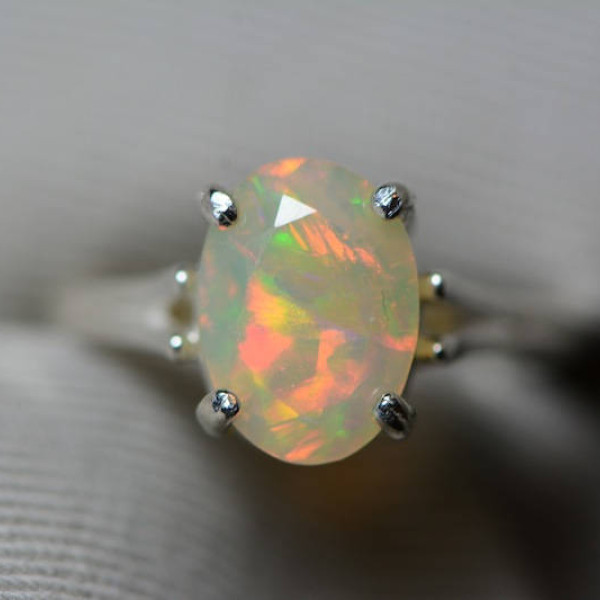Opal Ring, 1.75 Carat Solid Faceted Opal Ring Appraised at 1,050.00, Sterling Silver, Genuine Opal Jewellery, October Birthstone, Size 7