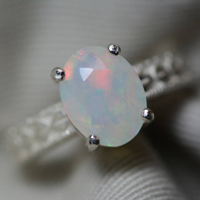 Opal Ring, 1.85 Carat Solid Faceted Opal Ring Appraised at 1,100.00, Sterling Silver, Genuine Opal Jewellery, October Birthstone, Size 7