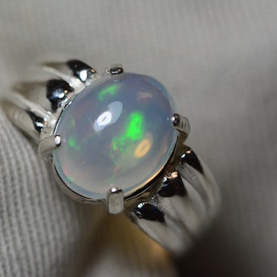 Opal Ring, 2.26 Carat Solid Opal Cabochon Solitaire Ring Appraised at 700.00, Real Opal Jewelry, Sterling Silver Size 7