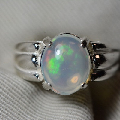 Opal Ring, 2.26 Carat Solid Opal Cabochon Solitaire Ring Appraised at 700.00, Real Opal Jewelry, Sterling Silver Size 7