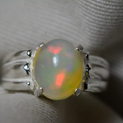 Opal Ring, 2.84 Carat Solid Opal Cabochon Solitaire Ring Appraised at 850.00, Real Opal Jewelry, Sterling Silver Size 6 1/2