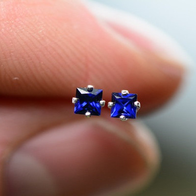Sapphire Earring, Sparkly 0.30 Carat Princess Cut Blue Sapphire Solitaire Stud Earrings, Sapphire Jewelry, Sterling Silver