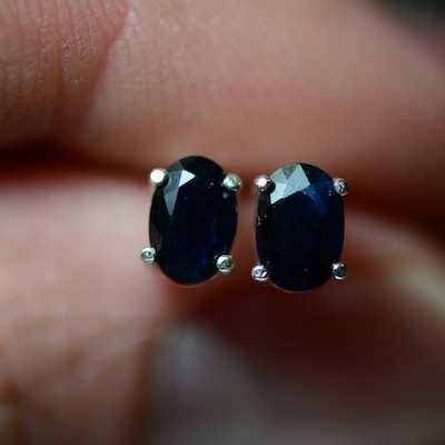 Sapphire Earrings, 1.20 Carat Midnight Blue Oval Sapphire Solitaire Stud Earrings Sterling Silver, Genuine Sapphire Jewelry, Sterling Silver