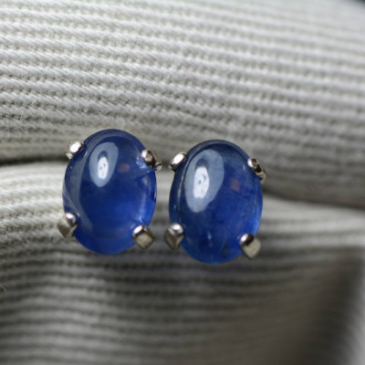 Sapphire Earrings, Blue Sapphire Cabochon Stud Earrings 1.87 Carats Appraised at 825.00, September Birthstone, Sterling Silver, Real