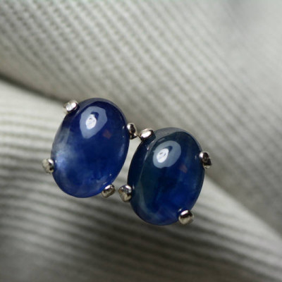 Sapphire Earrings, Blue Sapphire Cabochon Stud Earrings 2.35 Carats Appraised at 1,050.00, September Birthstone, Sterling Silver, Genuine