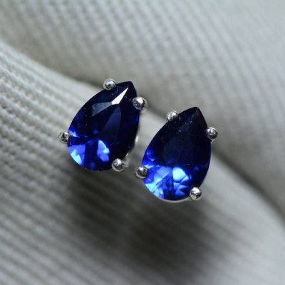Sapphire Earrings, Blue Sapphire Stud Earrings 0.97 Carat Certified 775.00, September Birthstone, Natural Jewelry, Pear Cut, Sterling Silver