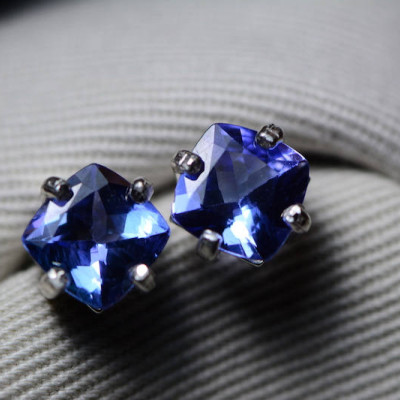 Tanzanite Earrings, Certified 2.77 Carat Cushion Cut Stud Earrings, Sterling Silver, Real Genuine Natural Blue Tanzanite Jewellery