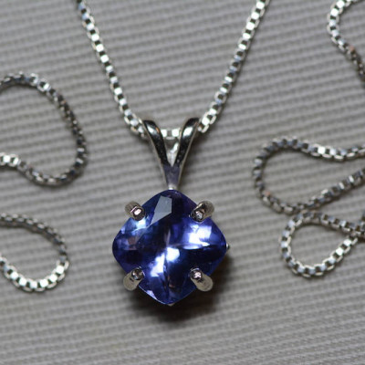 Tanzanite Necklace, Tanzanite Pendant 2.07 Carats Cushion Cut, Sterling Silver, Real Genuine Natural Blue Tanzanite Jewelry