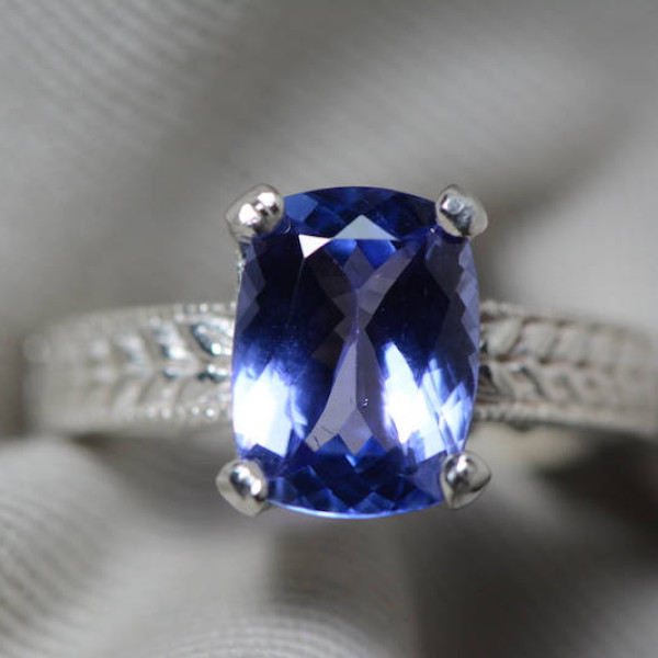 Tanzanite Ring, 3.46 Carat Tanzanite Solitaire Ring, Sterling Silver, Certified, Cushion Cut, Size 7, Real Genuine Natural Blue Tanzanite