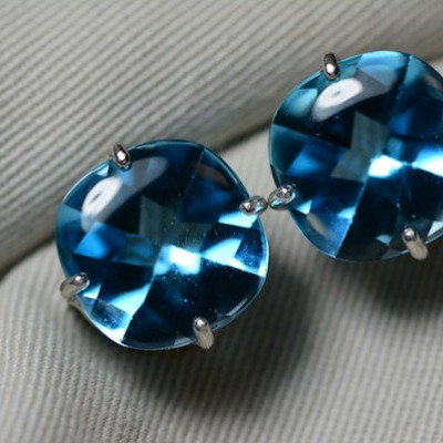 VS Clarity 29.31 Carat Swiss Blue Topaz Earrings Appraised 1100.00 Buff Top Cut