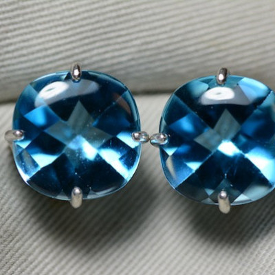 VS Clarity 29.31 Carat Swiss Blue Topaz Earrings Appraised 1100.00 Buff Top Cut