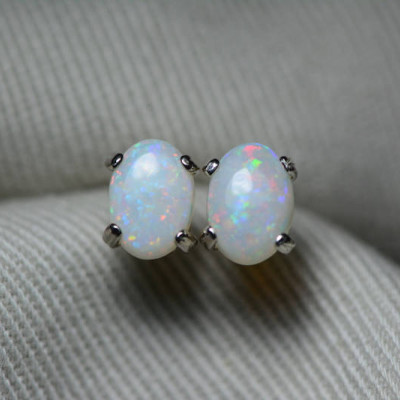 Australian Opal Earrings, 0.91 Carat Natural Solid Cabochon Opal Studs, 7x5mm Oval Cab, Australia, October Birthstone, Rainbow Fire Australian Opal Earrings, 0.91 Carat Natural Solid Cabochon Opal Studs, 7x5mm Oval Cab, Australia, October Birthstone, Rainbow Fire