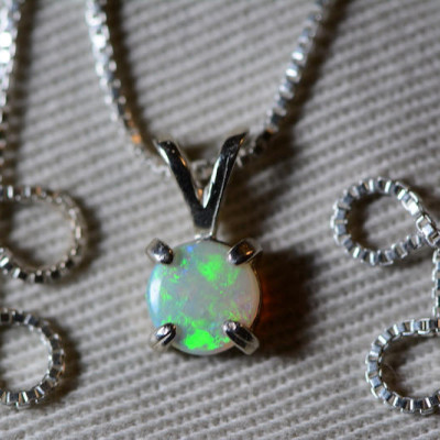 Australian Opal Necklace, 0.31 Carat Natural Solid Cabochon Opal Pendant, 6mm Round Cab, Australia, October Birthstone, Green Fire And Flash
