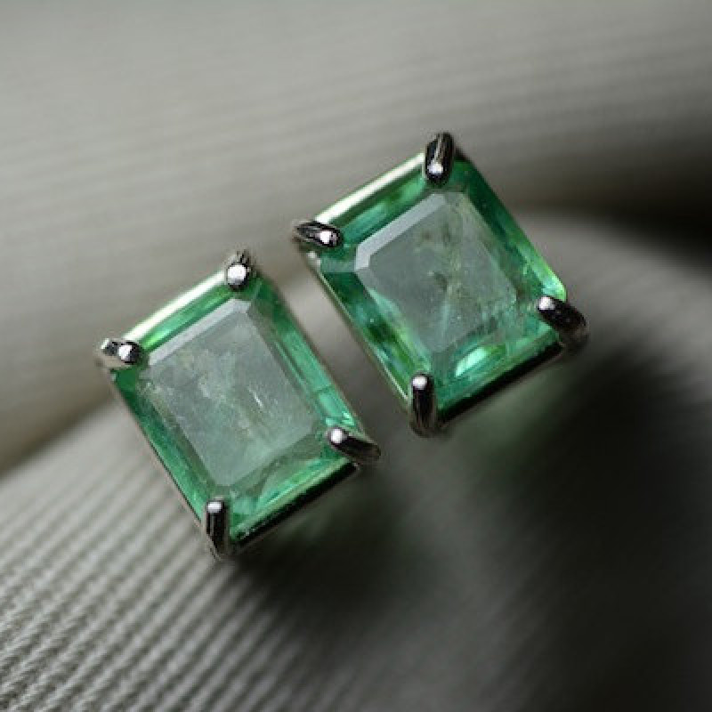 Emerald Earrings, Light Green 2.59 Carat Genuine Emerald Stud Earrings