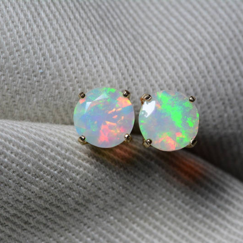 Opal Earrings, 18k Yellow Gold Faceted Opal Studs 0.94 Carat, Certified ...