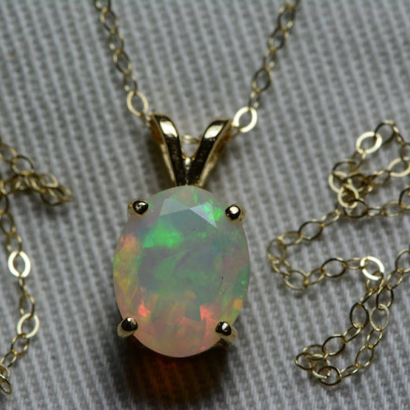 Opal Necklace, 18k White Gold Faceted Opal Pendant 1.50 Carat