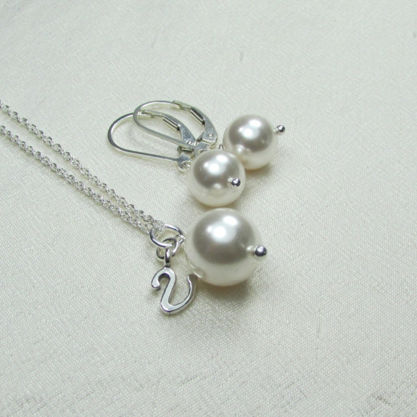 Bridesmaid Jewelry Initial Necklace Bridesmaid Necklace Earrings Personalized Bridesmaid Gift Pearl Bridal Jewelry Set Wedding Jewelry Set