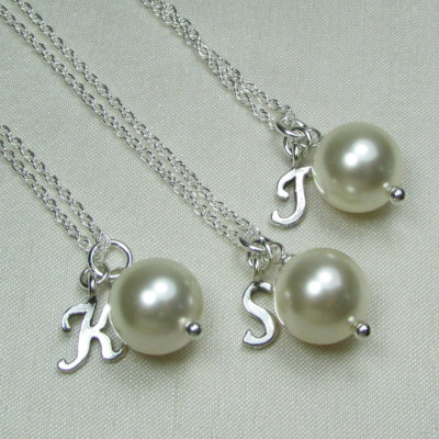Bridesmaid Jewelry Set of 6 Bridesmaid Gift Pearl Initial Necklaces Cream Ivory Pearl Bridesmaid Necklace Personalized Bridesmaids Gifts