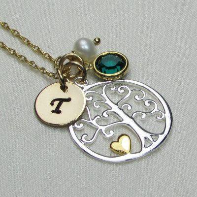 Family Tree Necklace Gold Mothers Necklace Birthstone Neckace Personalized Mothers Jewelry Gold Initial Necklace Gift for Mom