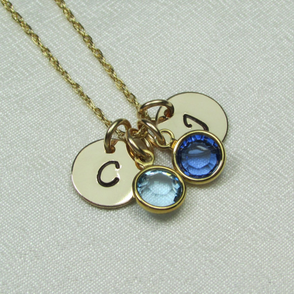Gold Mothers Necklace, Birthstone Initial Necklace, Mothers Personalized Necklace, Two Initial Necklace, Personalized Jewelry Gift for Mom