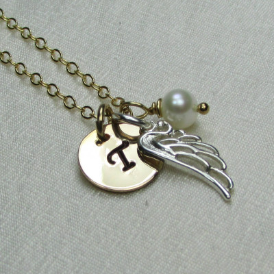Gold Silver Angel Wing Necklace Personalized Mothers Necklace Birthstone Necklace Gold Initial Necklace Memorial Remembrance Jewelry Gift