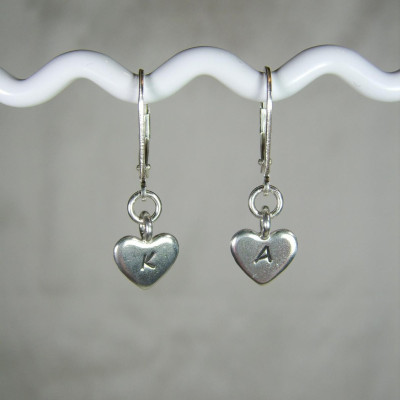 Initial Heart Earrings - Hand Stamped Heart Charm Earrings Sterling Silver Monogram Earrings -  Flower Girl Earrings Personalized Jewelry