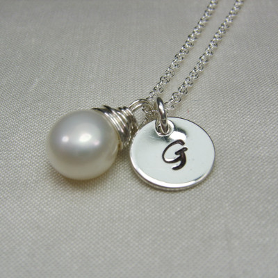 Initial Necklace Bridesmaid Jewelry Personalized Bridesmaid Gift Button Pearl Necklace Monogram Necklace Pearl Bridesmaid Necklace